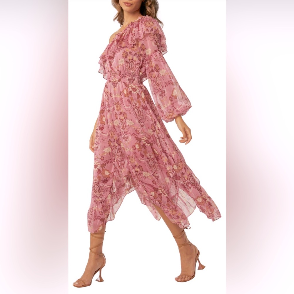 MISA Floral One Shoulder Midi Dress
